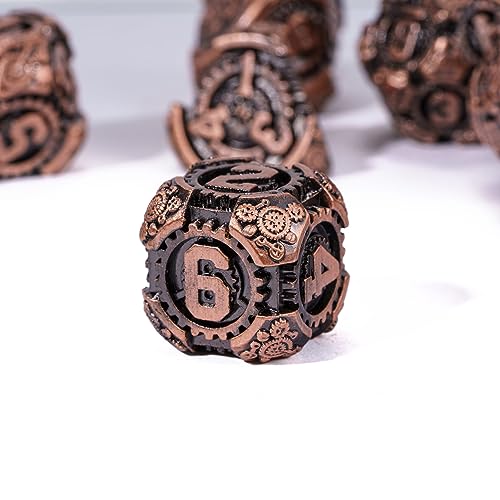 Metal Dice Set D&D, 7-Die DND Dice Metallic Polyhedral Gear Dice | PU Leather Bag for Dungeons and Dragons Role Playing Games (Antique Copper) - color: Antique Copper