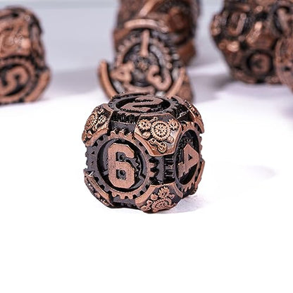 Metal Dice Set D&D, 7-Die DND Dice Metallic Polyhedral Gear Dice | PU Leather Bag for Dungeons and Dragons Role Playing Games (Antique Copper) - color: Antique Copper