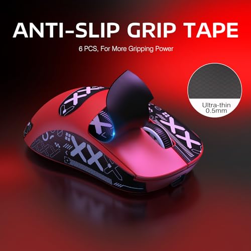 ATTACK SHARK X3 Wireless Gaming Mouse, 49g Bluetooth/2.4G/USB-C Ergonomic Computer Mouse, PAW3395 26K DPI Sensor, 200h Battery Life, Programmable Buttons Griptape, Gaming Accessories for PC/Laptop/Mac - color: Red & Griptape