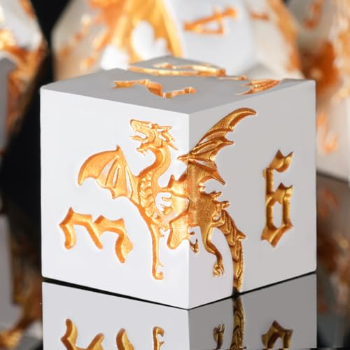Metal D&D Dragon Dice Set,Metallic DND Polyhedral Dice for Dungeons and Dragons RPG TTRPG D&D 7-Die Set with Gift Case Pearl Silver Gold - color: Pearl Silver Gold