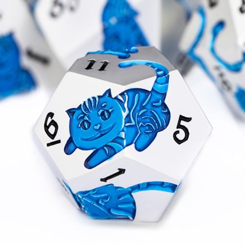 Metal DND Cat Dice 7PCS Polyhedral RPG Dice Set with Gift Case for Dungeons Dragons Role Playing Game, D and D Dice D6 D8 D10 D12 D20 D% (Silver Blue) - color: Cat-silver Blue