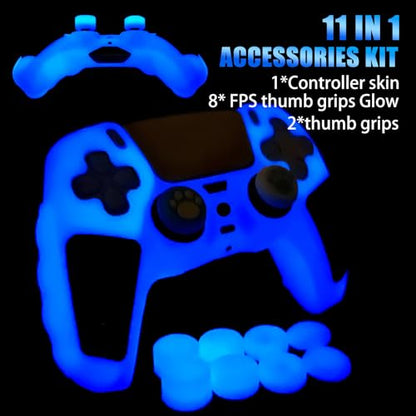 Blue Glow in the Dark Silicone Protective Case for PS5 Controller, Anti-Slip Thick Soft Cover, Includes 8-in-1 Thumb Grip Caps + 2 Cat Paw Caps – Ergonomic Shockproof - color: Glow Blue Black