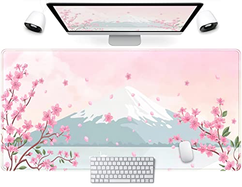 Japanese Desk Mat Pastel Pink Cherry Blossom Mouse Pad Mt Fuji Japan Large Gaming Anime Mousepad XXL 31.5x15.75 in, Kawaii Aesthetic Flower Cute Women Office Decor Computer Laptop Keyboard Mat - color: C-pastel Pink Cherry Blossom