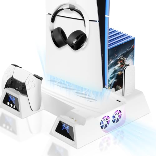 Stand and Cooling Station for PS5/PS5 Slim/PS5 Pro, with Dual Controller Charging Station for PlayStation 5 - color: Soft White
