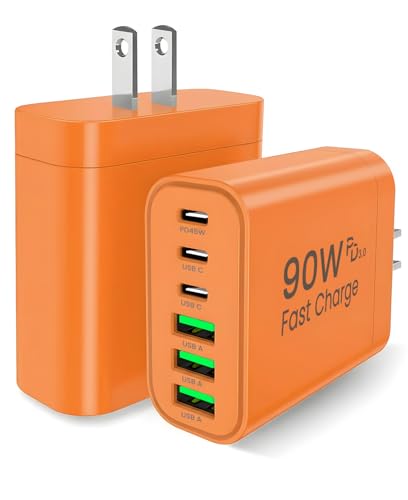 90W GaN USB C Charger Block [2 Pack],6-Port USB C Wall Charger Fast Charging 45W PD Power Adapter for MacBook Air/iPad Pro/iPhone 17Pro Max/Samsung Galaxy S24 Ultra/Tabs for Home Travel - color: Orange, size: Two