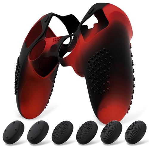 PlayVital 3D Studded Edition Anti-Slip Silicone Cover Case for ps5 Edge Controller, Soft Rubber Protector Skin for ps5 Edge Wireless Controller with 6 Thumb Grip Caps - Red & Black - color: Red & Black