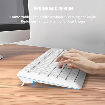 HUO JI Silent Wireless Keyboard and Mouse Combo, Quiet and Soft,Thin, White | 2.4G Full-Size Ergonomic Wireless Computer Keyboard Mouse for Windows, Laptop/PC/PS/Mac Desktop