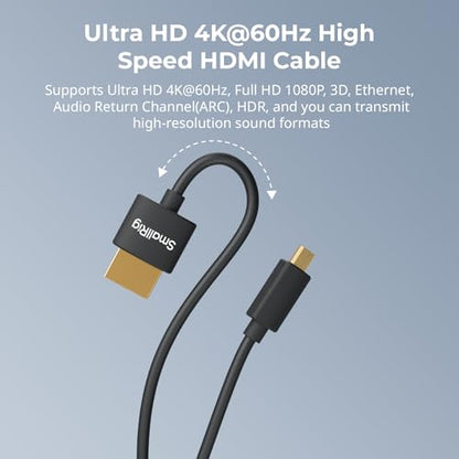 SMALLRIG D to A HDMI Cable Ultra Thin HDMI Cord 100cm / 3.28Ft (Micro to Full HDMI), Super Flexible Slim High Speed 4K 60Hz HDR HDMI 2.0, for Sony A7RIII / A7II / A7M3, for FUJIFILM X-T4 / X-T3-4795 - size: 100CM(D to A)