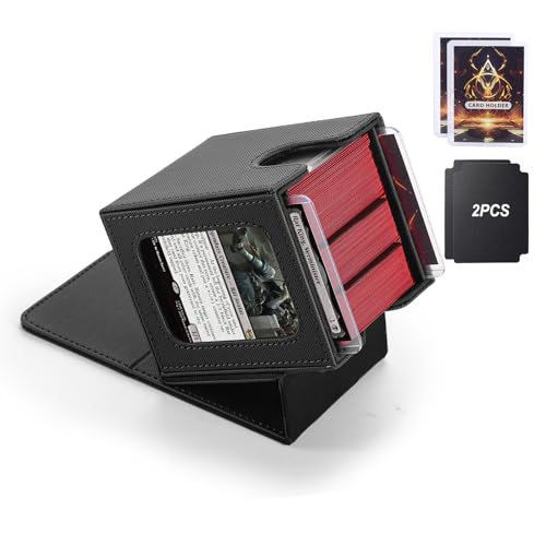 MTG Deck Box,Double Display Window,Commander Deck Box Fits 120+ Single Sleeved Cards,PU Leather Magnetic Closure Card Box with 2 Dividers&2 Toploaders for TCG,CCG,Black - color: Black, size: 1 pack