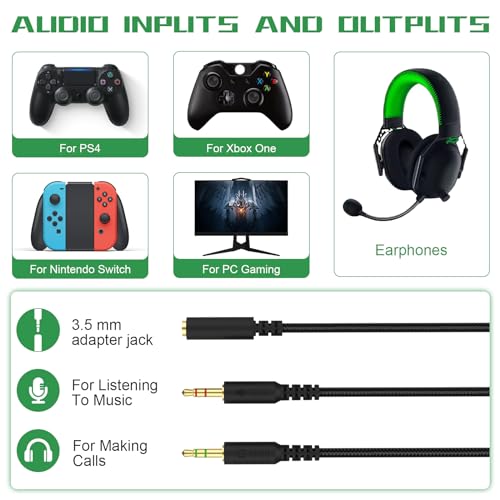 Replacement Audio Cable Cord Wire with Y Splitter for Razer Kraken X/BlackShark V2 Pro/Razer Nari Headphone Gaming Headset Adapter to PC/Speaker/Headphone