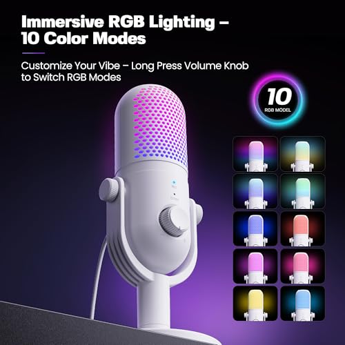 USB Microphone for PC Gaming: Condenser Microphone RGB for Gamer with Stand Mic - Recording Mic for Computer&Laptop with Qiuck Mute - Desk Podcast Mic for Podcast & Singing & Streaming & Youtube White - style: White