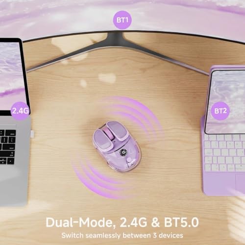 SEUNKWANG Q9 Transparent Wireless Mouse with RGB Lighting, Compact Multi-Device Bluetooth & 2.4G Computer Mouse, Rechargeable, Quiet Clicks, 4800 DPI Cute Mice for Laptop, PC, Mac, iPad - Purple - color: Purple