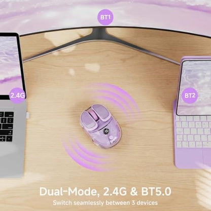 SEUNKWANG Q9 Transparent Wireless Mouse with RGB Lighting, Compact Multi-Device Bluetooth & 2.4G Computer Mouse, Rechargeable, Quiet Clicks, 4800 DPI Cute Mice for Laptop, PC, Mac, iPad - Purple - color: Purple