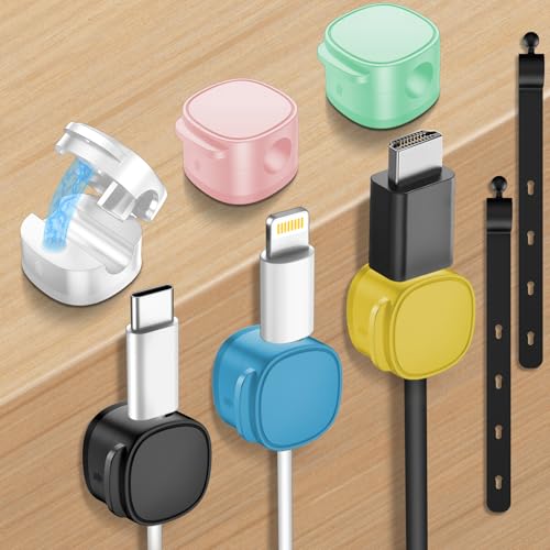 6 Pack,Magnetic Cable Clips & Silicon Cable Ties Cable Organizer | [Cable Smooth Adjustable Under Desk Organizer],Cable Management,Cord Holder-Desk Stand Holding,Adhesive Home Cable Keeper - color: White/Black/Blue/Pink/Green/Yellow