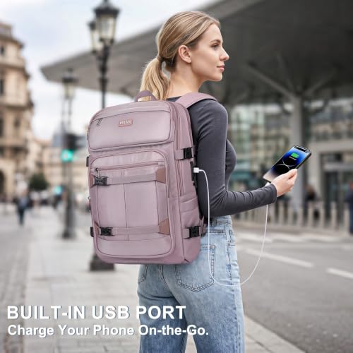 PIJUSHI Casual Travel Backpack for Women with 16" Padded Laptop Compartment | Carry On Luggage with USB Charging Port, 1680D Water-Resistant Nylon, Airline Approved, For Daily, Hiking - color: Updated Ashen Purple