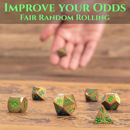 Metal Dice for DND - Ancient Cracked Pharaoh Ruins - Gold Green Cracks | Beautiful 7pc Polyhedral Dice Set, Smooth Rolling, Role Playing Games (RPG), Compatible with D&D, for Dungeons and Dragons - color: Gold and Green Cracks