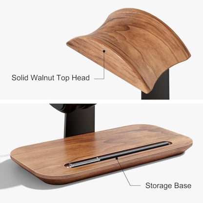 UPERGO Walnut Headphone Stand, Wood Headset Holder with Storage for Desk | Solid Walnut & Aluminum, Anti-Slip Base, Universal for Gaming Headsets & AirPods Max, Extra Storage Tray