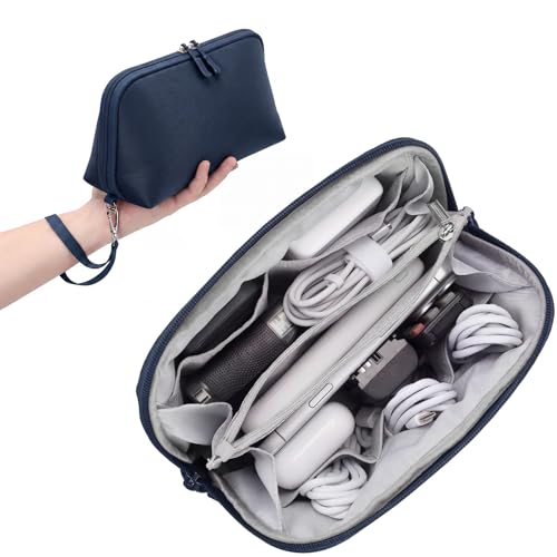 FYY Travel Cable Organizer - 8 Compartments, Lightweight, Water Repellent | With Wrist Strap, Portable Tech Pouch for Cord Charger, Travel and Business Trips Use, Soft Shell Nylon, Navy (Large) - color: Navy, size: (L) 9.6"× 5.5"× 3.7"