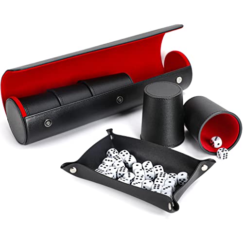 Party Games Leather Dice Cup Set, 5 Dice Cups+25 Dice+1 Folding Tray Exclusive Storage and Transport Case Made of Faux | PU leather dice set with 5 felt-lined cups, 25 dice and storage case for Liar’s Dice, craps, backgammon and party games - color: 5xred