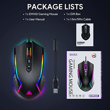 EKSA Gaming Mouse, Computer Mouse with 7 Programmable Buttons, Wired Gaming Mice with Chroma RGB 6 Backlit & Adjustable 8000DPI for Windows PC Gamers