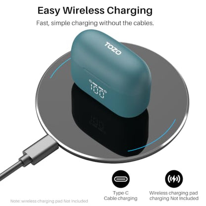 TOZO T20 Wireless Earbuds 97H Playtime, Wireless Charging LED Display Case | 10mm Deep Bass Sound, Dual Mic ENC Clear Calls, IPX8 Waterproof, Bluetooth 5.3, Comfortable Fit Ear Buds For Daily Use, Green - color: Green