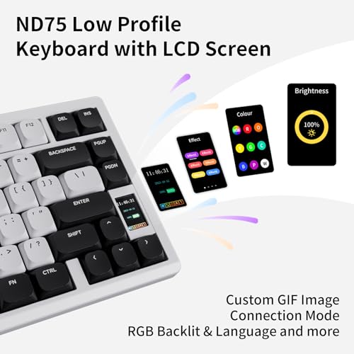 OOCTPK Mechanical Keyboard, Chilkey ND75 LP Wireless Gaming Keyboard with LCD Screen, Bluetooth 5.3/2.4G/USB-C, Hot Swappable Per-Key RGB Custom, Thin Front, Wrist Rest, Full-Aluminum, PC/Mac Support - color: White