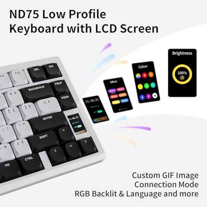 OOCTPK Mechanical Keyboard, Chilkey ND75 LP Wireless Gaming Keyboard with LCD Screen, Bluetooth 5.3/2.4G/USB-C, Hot Swappable Per-Key RGB Custom, Thin Front, Wrist Rest, Full-Aluminum, PC/Mac Support - color: White