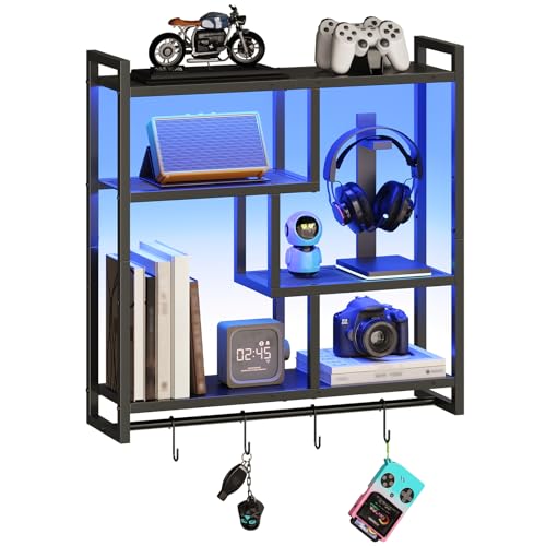 HOOBRO Gaming Floating Shelves with LED Lights, 28.7" LED Wall Mounted Shelf, 4-Tier Floating Wall Shelf for Storage, Display Rack with Hanging Bar and 4 S Hooks, for Gaming Room, Black BB37DBJ01 - color: Black