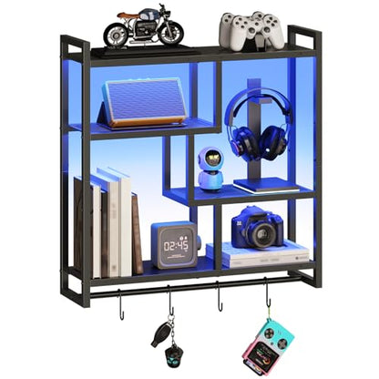 HOOBRO Gaming Floating Shelves with LED Lights, 28.7" LED Wall Mounted Shelf, 4-Tier Floating Wall Shelf for Storage, Display Rack with Hanging Bar and 4 S Hooks, for Gaming Room, Black BB37DBJ01 - color: Black
