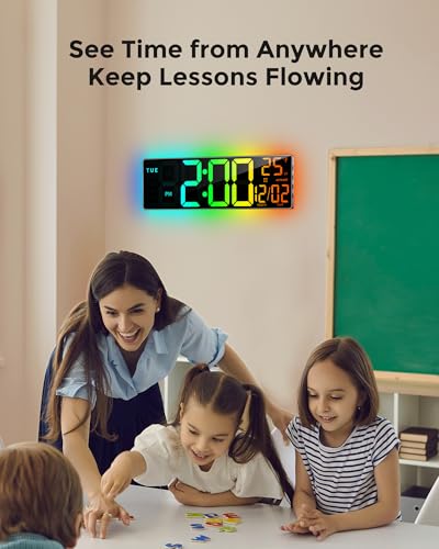 EASYERA 16.5" Large Digital Wall Clock with BT Sync, 11 RGB Lights | 11 Scenes Mode Remote Control, Big LED Clock with Dual Alarms, Auto DST, Temperature for Classroom Gaming - size: 15.98 inches, style: Modern