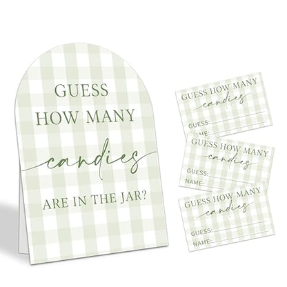Guess How Many Candies Are In The Jar Game Set, 50 Guess Cards With 1 Standing Sign, Minimalism Green Baby Shower Game Kit, Neutral Gender Reveal Party Decor & Activity Supplies - A09 - color: Minimalism Green