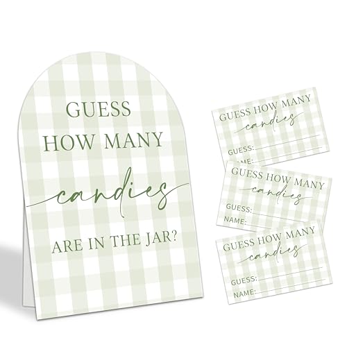 Guess How Many Candies Are In The Jar Game Set, 50 Guess Cards With 1 Standing Sign, Minimalism Green Baby Shower Game Kit, Neutral Gender Reveal Party Decor & Activity Supplies - A09 - color: Minimalism Green