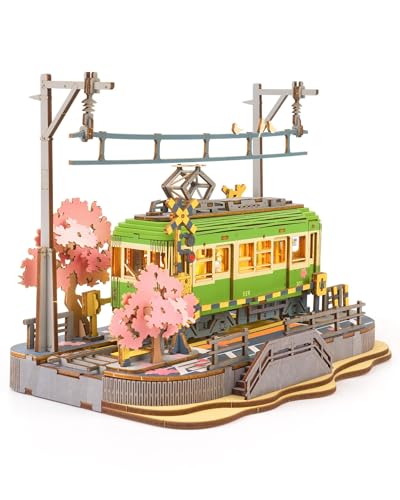 Rolife 3D Wooden Puzzle for Adults, Sakura Journey Tram DIY Model Building Kits with LED Lights, Creative Kids Craft Hobby Gift and Brain Teaser Home Decor Assembly Toy