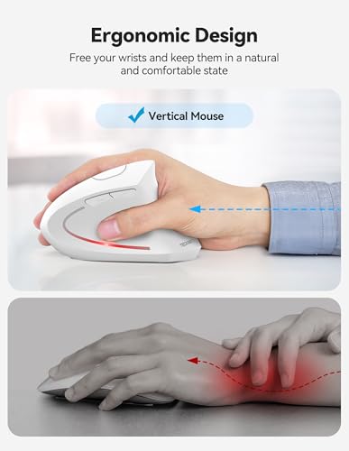 TECKNET Ergonomic Mouse Wireless, Rechargeable Vertical Mice Right Hand | Bluetooth+2.4GHz USB, Multi Device, 4800 DPI Adjustable, Optical Carpal Tunnel Mouse for Laptop, PC, Computer, MacBook, White - color: White