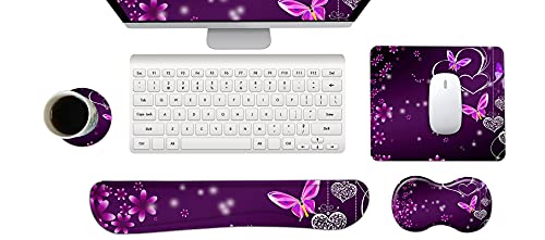 Keyboard Wrist Rest and Mouse Pad with Wrist Support Set Ergonomic Coaster, Memory Foam Mousepad Non-Slip Rubber Base Durable Comfortable for Easy Typing Pain Relief, Purple Heart Butterfly - color: Purple Heart butterfly