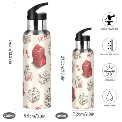 Dussdil Red Dice Pattern Water Bottle with Handle Straw Lid Vacuum Insulated Tumblers Stainless Steel Bottles Cup BPA Free 34 Oz - size: 33.8 Ounces