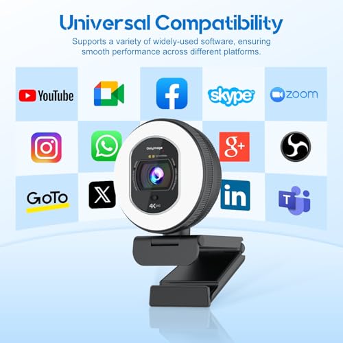 4K Webcam with Ring Light & Built-in Microphone for PC Streaming | PDAF Autofocus,Supports 1080P 60FPS, Comes with Privacy Cover, Compatible with Zoom, Skype, Google Meet, Laptop Desktop Mac