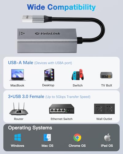 USB a to ethernet Adapter,USB gigabit 1000Mbps Plug and Play with USB 3.0, Driver Free, RJ45 LAN Network Dongle Compatible with Nintendo Switch, Laptop, PC, MacBook, Windows, macOS, Linux