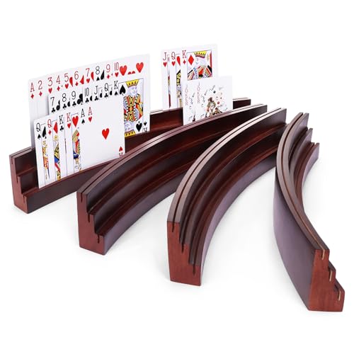 BOBOKA Playing Card Holders for Kids Adults Seniors, Set of 4 Curved Wood Cards Holders for Playing Cards, 3 Tiers, Hands Free Cards Holders for Family Card Game Night, Canasta, Bridge, Poker Parties - color: Brown Red, size: 4 Pack