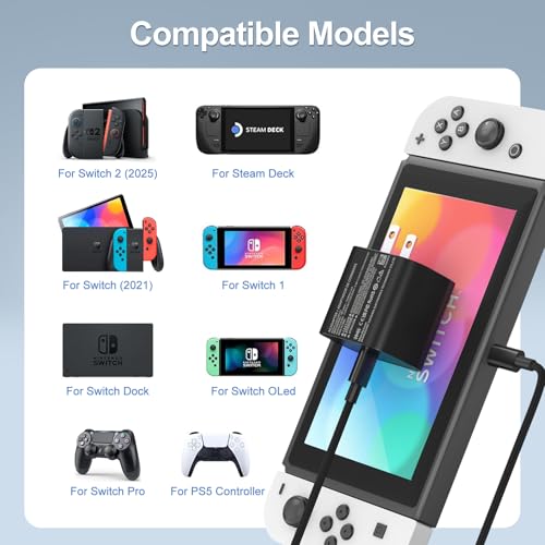 Switch 2 Charger - 60w Charger for Nintendo Switch 2/1，20V 3A PD3.0 Fast Charging Power Supply with 6.6FT USB C Cord Compatible with Switch/OLED/Lite/Steam Deck - Support 4K TV Mode