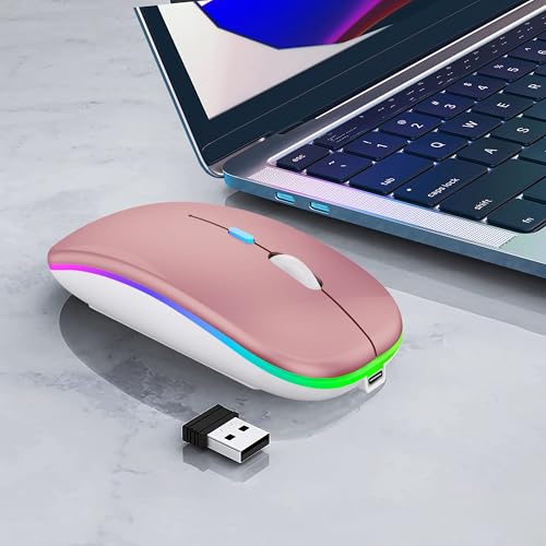 WREANU Wireless Bluetooth Mouse Rechargeable Laptop Mice with LED Lights Silent Slim Use(BT5.2 & 2.4G Portable USB) Dual Mode Computer Mouse for Laptop/iPad/Tablet/Apple/Computer/Mac(Rose Gold) - color: Rose Gold Wireless Bluetooth Mouse