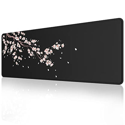 ETZ Japanese Cherry Blossom Gaming Mouse Pad XL | Sakura Pink Floral Mat, Stitched Edges, Non-Slip Rubber Base, Extended Desk Surface, Washable, 31.5x11.8", 3mm Thick - color: Plum Mouse Pad - 1