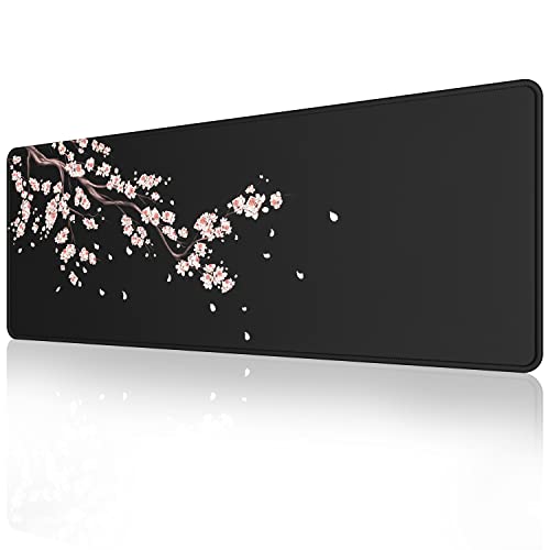 ETZ Japanese Cherry Blossom Gaming Mouse Pad XL | Sakura Pink Floral Mat, Stitched Edges, Non-Slip Rubber Base, Extended Desk Surface, Washable, 31.5x11.8", 3mm Thick - color: Plum Mouse Pad - 1