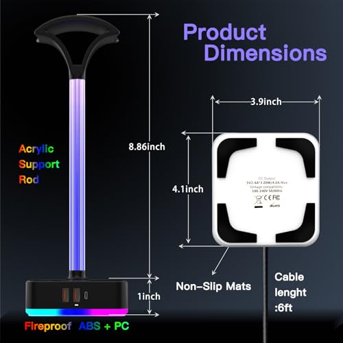 cozoo RGB Headphone Stand with Charger 3 USB Ports and 2 AC Outlets,2 USB-A 1 Type C,Desk Gaming Headset Holder with 9 Light Modes,PC Gaming Desk Accessories,Gamer Gifts,RGB Gaming Stuff Headset Stand | 9 Light Modes:7 Static & 3 RGB Dynamic Lights; 2 AC,
