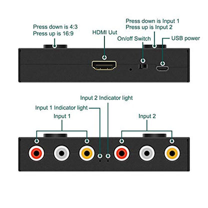 2Port RCA/AV to HDMI Converter Adapter for WII, N64, Xbox, PS1/2/3,DVD Players etc (2AV in-1 HDMI Out) - style: 2RCA to HDMI Converter