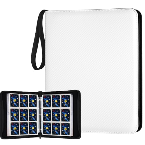 900 Pockets Round Ring Trading Card Binder, 9-Pocket Clear Zipper Card Album with Wrist Strap, Holds 900 Standard TCG & Sports Cards, Not Fit Top Loaders (Carbon White) - color: 9 Pocket 900 Carbon White