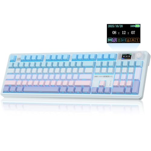CORBOBO LINGBAO K108 Pro Wireless Mechanical Keyboard with Screen & Knob, Full Size Creamy Keyboard with Number Pad, 10000mAh Battery, PBT Keycaps, RGB Backlit, Hot-swappable Gaming Keyboards - color: Blue & Pink & Purple(side print)