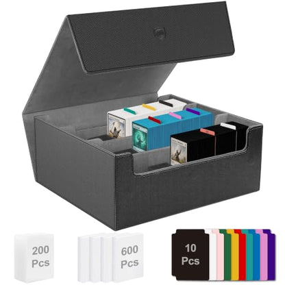 Trading Card Storage Box, Holds 1800 Sleeved Card, PU Magnetic Closure | 200 Toploaders and 600 Penny Sleeves INCLUDED, 10 Dividers and 6 Foam Stoppers INCLUDED, Fit for MTG, TCG and Sports Cards - color: Black and Grey