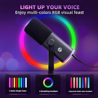 VCOM XLR/USB Gaming Microphone for PC,Dynamic Computer Mic for Streaming Podcasting,RGB Light, Mute Button, Headphones Jack, Desktop Stand, Vocal Mic for Singing YouTube TikTok Streaming