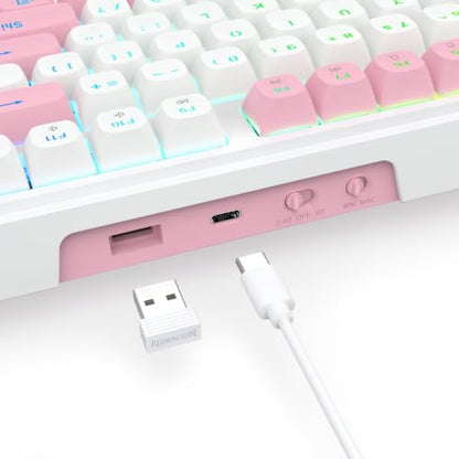 Redragon K745 PRO Wireless Gasket RGB Gaming Keyboard, 108 Keys Mechanical Keyboard w/Extra 4 Hotkeys, Hot-Swap Socket, 5-Layer Noise Dampening, See-Through Round PBT Keycaps, Creamy Linear Switch - color: Pink Area, size: 108 Keys